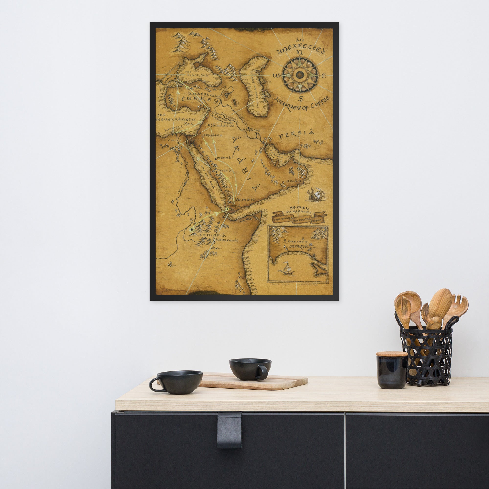 Mokha Coffee Trade Route Map Framed poster